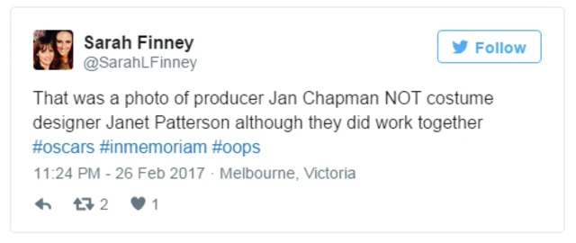 "La foto era de la productora Jan Chapman y NO de la diseñador de vestuario Janet Patterson aunque trabajaron juntas", dice el tuit.