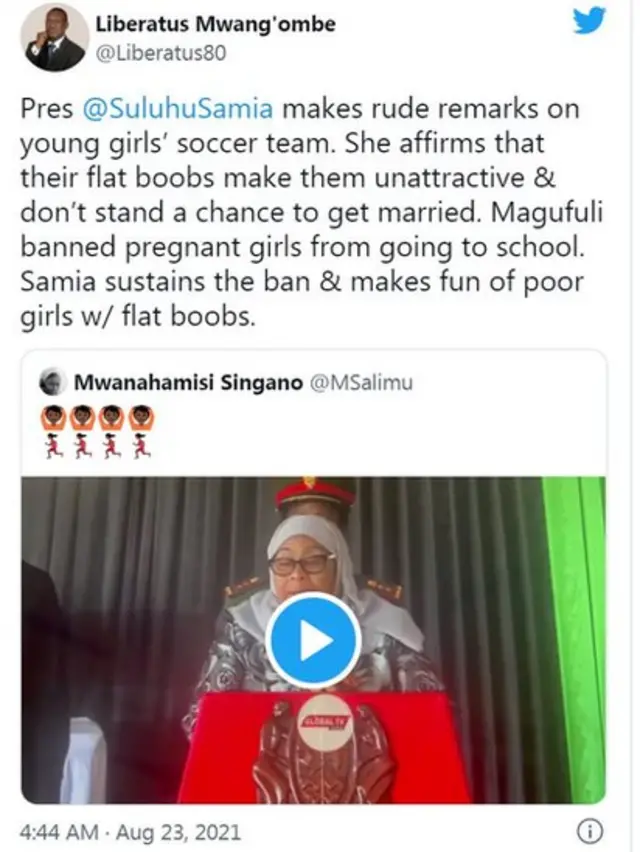 Pesin yab Tanzania president Suluhu Hasan ontop her 'flat chest' tok