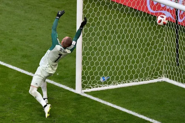 Шведський воротар Робін Олсен пропускає другий м'яч у свої ворота