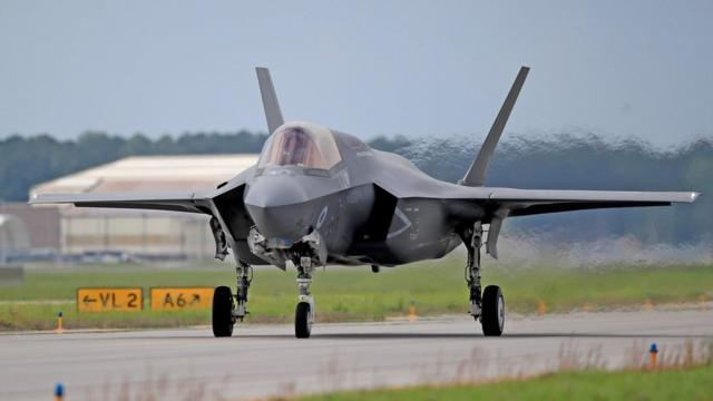 An RAF F35 Lightning II (F-35) Stealth fighter aircraft takes off at Beaufort US Marines Air Base in Beaufort Savannah, USA.