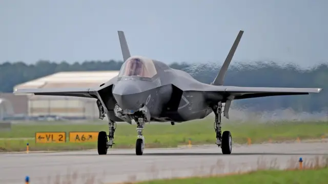 An RAF F35 Lightning II (F-35) Stealth fighter aircraft takes off at Beaufort US Marines Air Base in Beaufort Savannah, USA.