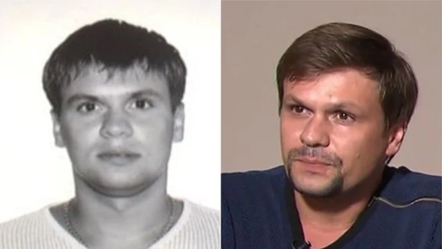 Anatoliy Chepiga mu kiganiro na televiziyo y'Uburusiya Russia Today (iburyo) n'ifoto ya Ruslan Boshirov, yashyizwe ahagaragara na polisi