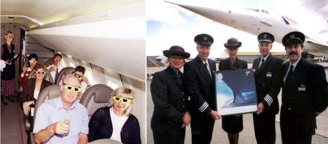 左：1999年一些乘客在55000英尺上空的协和客机上观日食； 右：展示协和特别邮票