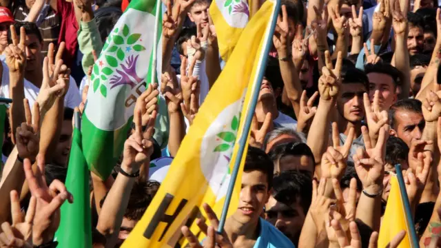 HDP bayrağı taşıyan kalabalık zafer işareti yapıyor.