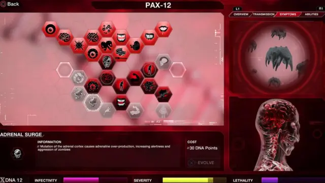 Tela do jogo Plague Inc. mostra montagem1xbet à installer'vírus', com possibilidade1xbet à installerescolher sintomas, transmissão, letalidade