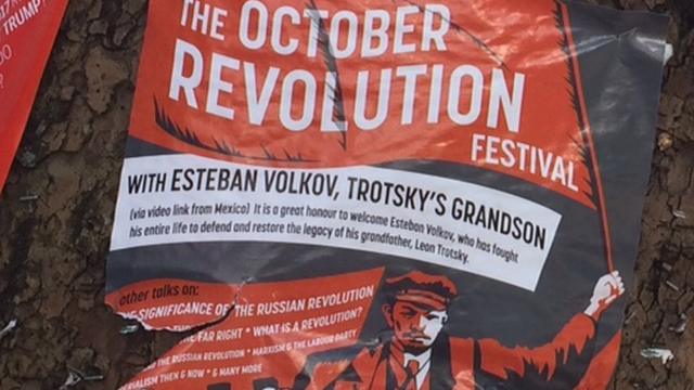 Объявление о фестивале "Октябрской революции" в Лондоне с внуком Троцкого через видеолинк из Мексики