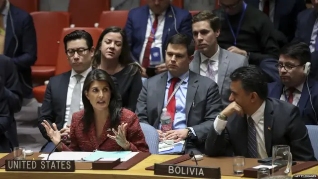 United States Ambassador to the United Nations Nikki Haley speaks after the third draft resolution to create a new inquiry to find blame for the chemical weapons attack last week in Douma, Syria failed during a United Nations Security Council meeting regarding the situation in Syria, April 10, 2018 in New York City.