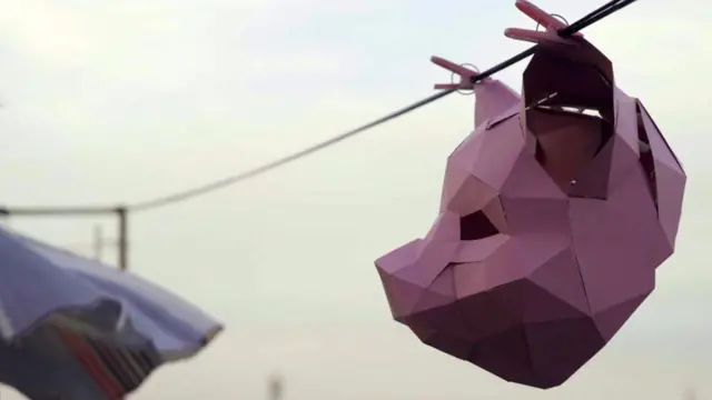 pig mask hanging on a line