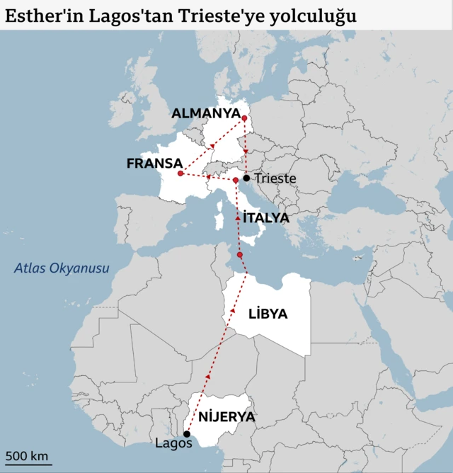 Esther'in Nijerya, Libya, İtalya, Fransa ve yeniden İtalya'ya uzanan yolculuğu
