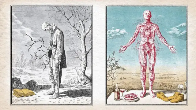 Колаж, який складається з ілюстративного зображення засмученого і веселого чоловіка