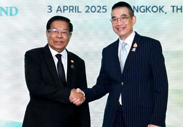 A handout photo made available by the Thai Ministry of Foreign Affairs shows Myanmar's Deputy Prime Minister and Union Minister for Foreign Affairs, U Than Swe (L), shaking hands with Thailand's Minister of Foreign Affairs, Maris Sangiampongsa, during the 20th Bay of Bengal initiative for Multi-Sectoral Technical and Economic Cooperation (BIMSTEC) Ministerial Meeting, as part of BIMSTEC Summit in Bangkok, Thailand, 03 April 2025. Leaders and representatives of BIMSTEC member countries of Bangladesh, Bhutan, India, Nepal, Sri Lanka, and Myanmar's junta chief, Min Aung Hlaing, participated in the organization's 6th summit to discuss trade, investment and food security.
BIMSTEC Summit in Bangkok, Thailand - 03 Apr 2025