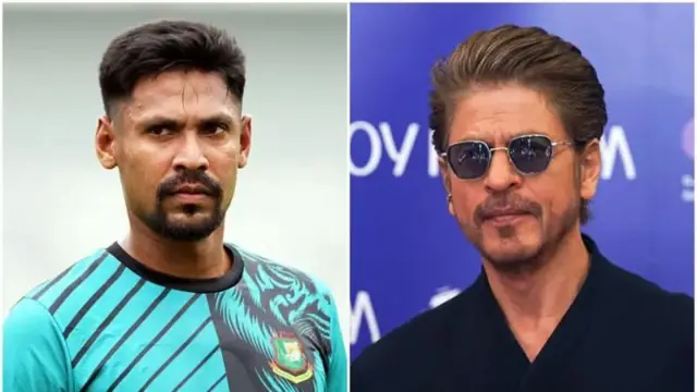 تصویر کې د کلکتې لوبډلې یو څښتن شاهرخ خان او د بنګلهدیش لوبغاړی مستفیض الرحمان دي.