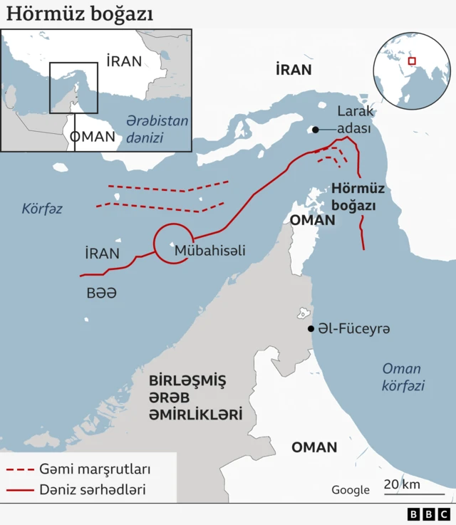 Qlobal neft nəqli üçün əsas marşrut olan Oman körfəzində Hörmüz boğazının yerləşdiyi xəritə. Boğaz İranla Birləşmiş Ərəb Əmirlikləri və Oman yarımadası arasında yerləşir. Xəritədə həmçinin Səudiyyə Ərəbistanı, İraq, İordaniya və İsrail də daxil olmaqla daha geniş Yaxın Şərq bölgəsindəki ölkələr göstərilir.