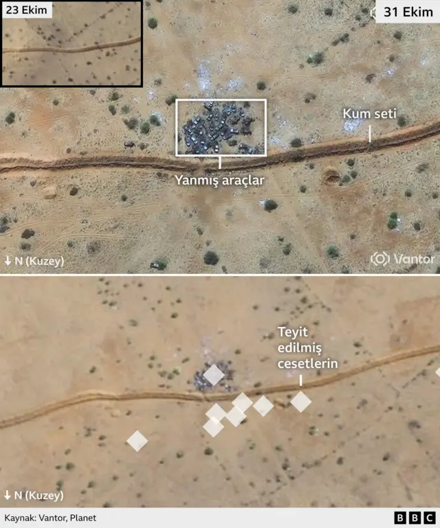 Faşir dışındaki kum setini ve yanmış araçları gösteren uydu görüntüsü. Aşağıdaki ikinci görüntüde, cesetlerin bulunduğu yerler elmas işaretlerle işaretlenmiştir. 