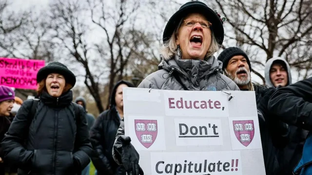 Harvard Üniversitesi'nde toplanan protestocular, ellerinde pankartlar var