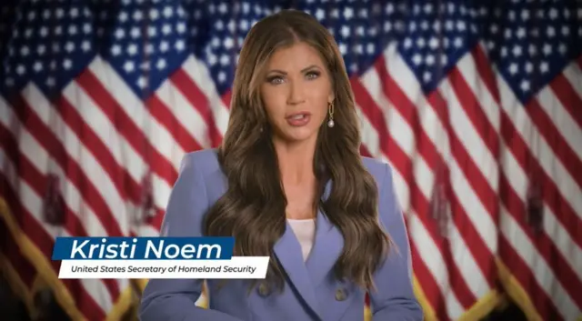 La secretaria Kristi Noem en un anuncio contra la migración