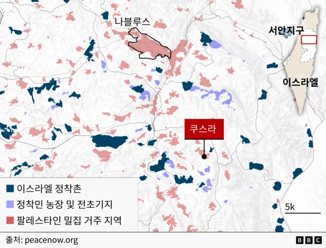 나블루스 주변과 쿠스라 지역의 이스라엘 정착촌, 농장, 팔레스타인 밀집 거주 지역을 표시한 지도