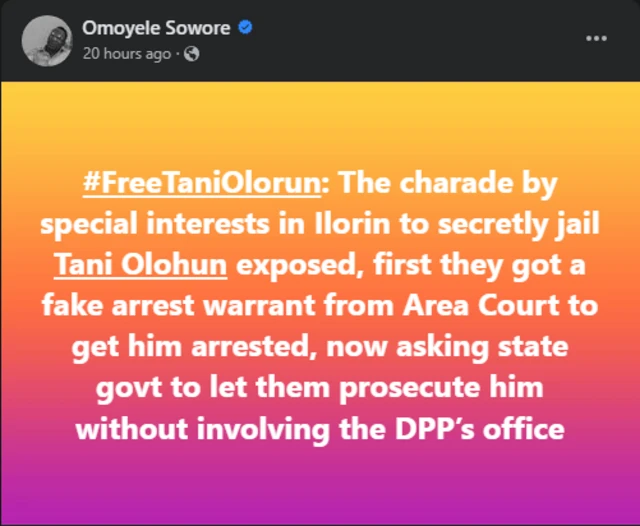 Ohun ti Sowore ko oju opo Facebook re