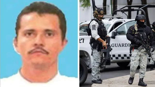 عکسی از ال منچو در پسزمینه آبی روشن در کنار عکسی از دو سرباز گارد ملی در مکزیک که اسلحه حمل میکنند و لباس محافظ پوشیدهاند، ۲۲ فوریه