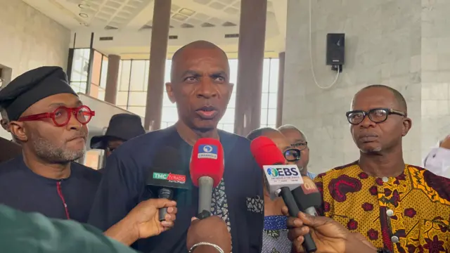 Tony Aziegbemi (centre), PDP caretaker committee Chairman in Edo State, addressing journalists at the Supreme Court after the party was adjudged loser of the Edo State governorship election of September 2024.