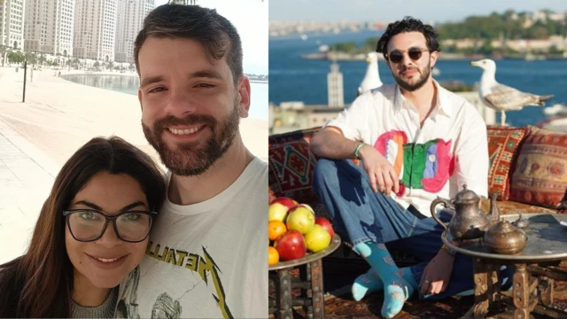 Imagen compuesta de dos fotografías individuales: una de Ibis y su esposo, posando en una playa con edificios detrás. La otra es de José, quien está sentado en una mesa tradicional, con un fondo del mar detrás.