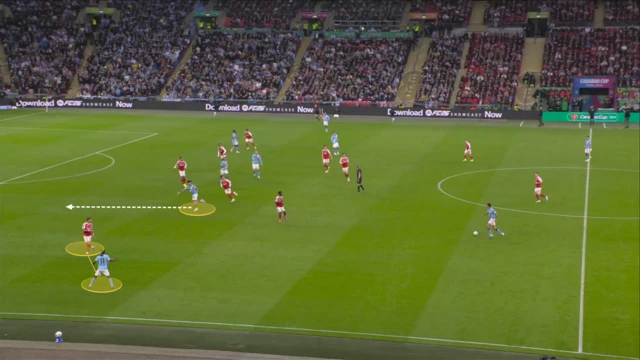 Screengrab showing Nico O'Reilly's movement running in behind from a central position against Arsenal this season.