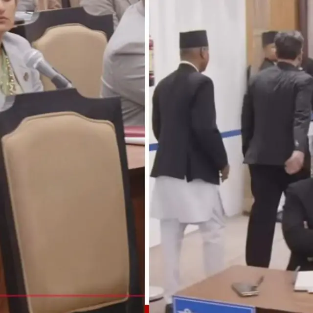 संसद्‌मा प्रधानमन्त्री बस्ने कुर्सी र बैठक कक्षबाट निस्कँदै गरेका प्रधानमन्त्रीको कम्पोजिट तस्बिर