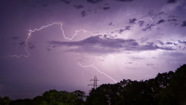 暗い木々の合間に送電塔が立ち、その上に紫色の空が広がる。白い稲妻が何本も走っている