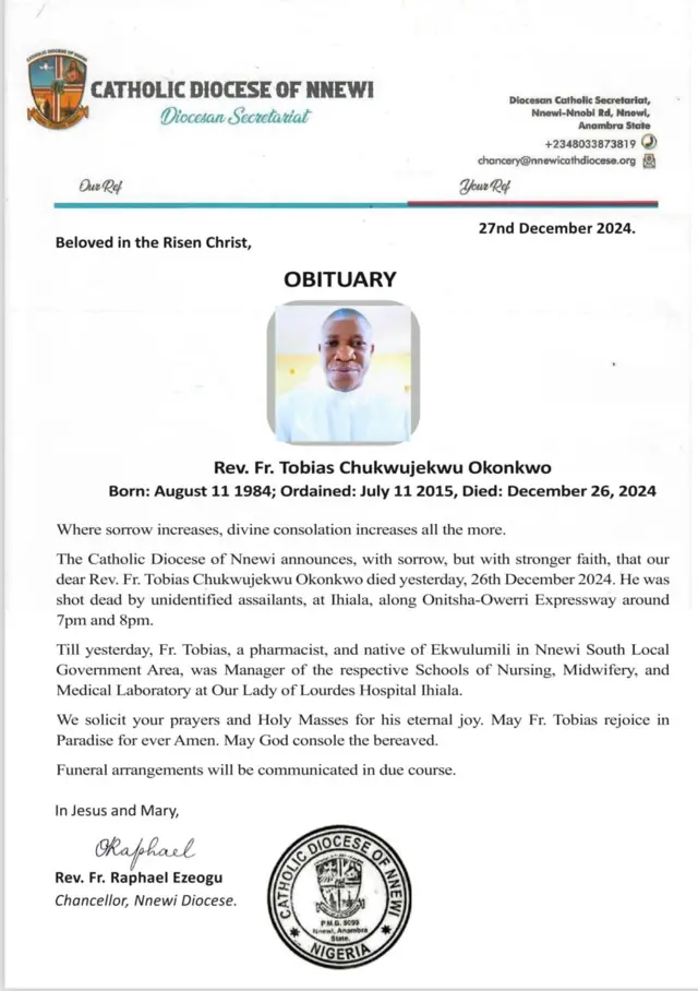 Ozi si n'aka Chanselọ ụlọụka Katọlik nke Nnewi bụ Fada Raphael Ezeogu