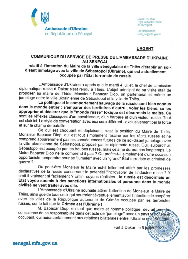 Communiqué de l'ambassade d(Ukraine au Sénégal