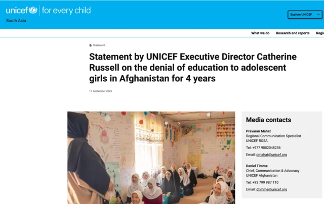 UNICEFнинг 2025 йил 25 сентябрь куни 6-синфдан юқори бўлган қизлар таълими ҳақида қилган баёноти