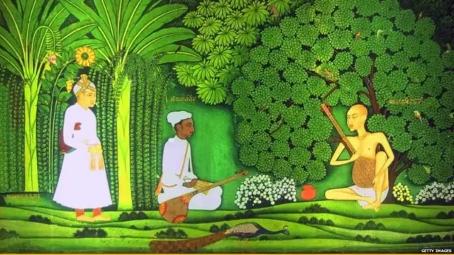 तानसेन को स्वामी हरिदास से संगीत सीखता हुए देखते बादशाह अकबर