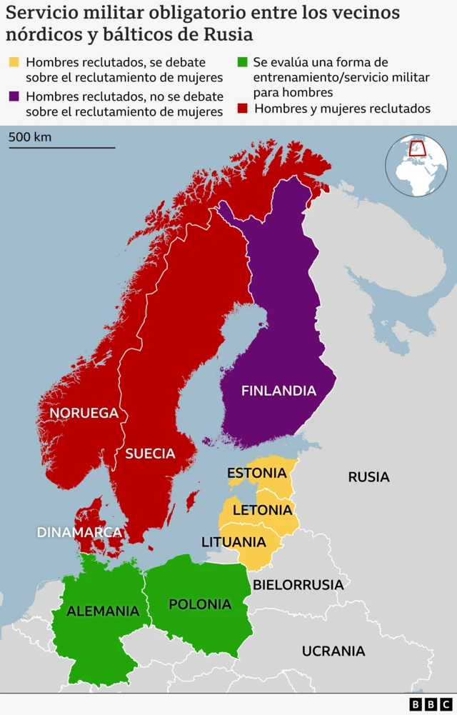 Mapa que muestra las políticas sobre el servicio militar obligatorio para hombres, y en algunos casos para mujeres, en ocho países nórdicos y bálticos.