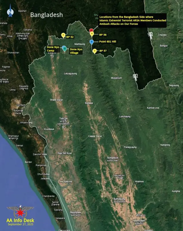 ရိုဟင်ဂျာ လက်နက်ကိုင်တွေ ဝင်ရောက်တိုက်ခိုက်တဲ့ အေအေနယ်စပ်စခန်းနေရာတွေကို ထုတ်ပြန်ထားတာပါ