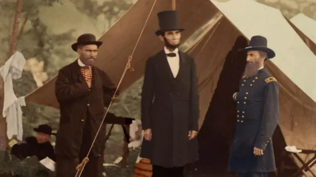 АКШнын биринчи киши колдуу болгон президенти Авраам Линкольн жана анын сол жагында жаңы түзүлгөн Жашыруун кызматтын биринчи директору Аллан Пинкертон