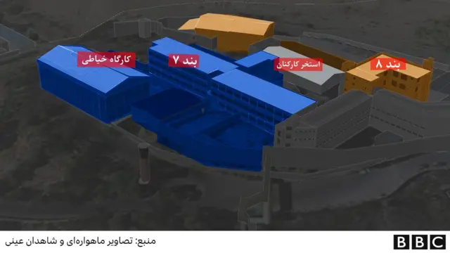 نمای بازسازی شده زندان اوین شامل بندهای ۷، کارگاه خیاطی، استخر کارکنان و بند ۸