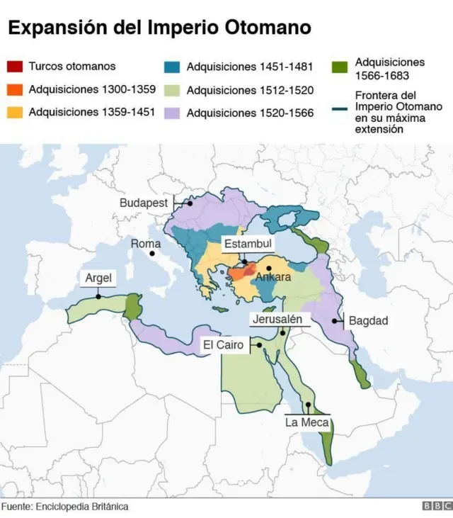 Mapa con diferentes colores que muestra la expansión del Imperio otomano a través de los siglos llegando a su extensión máxima en la que ocupa países de Asia, Europa y África