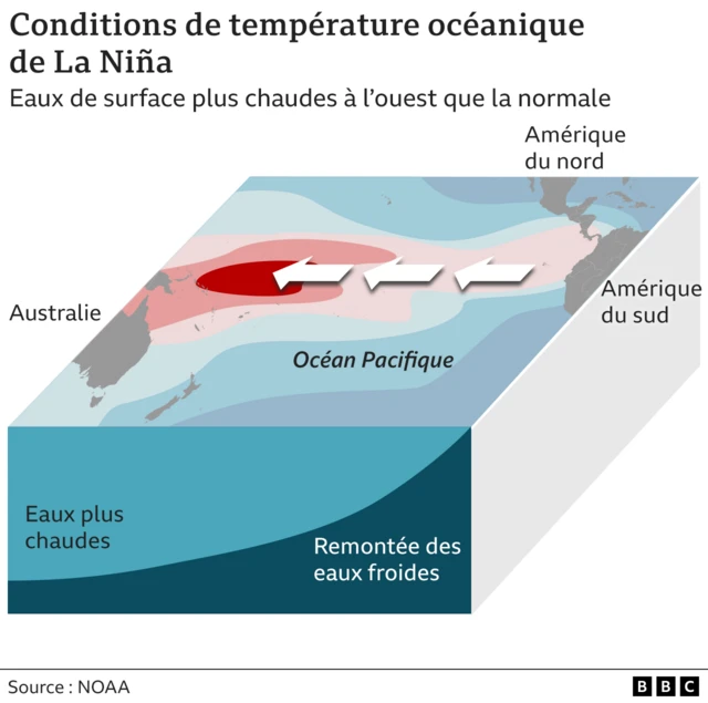 Infographie montrant qu'en cas de La Niña, les eaux de surface océaniques plus chaudes ont tendance à se trouver plus à l'ouest que d'habitude, dans une zone de l'océan Pacifique s'étendant de l'Australie et de la Papouasie-Nouvelle-Guinée à la côte ouest de l'Amérique du Sud et de l'Amérique centrale. 