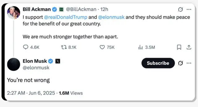 Resposta de Elon Musk a postagem de Bill Ackman no X, em 6/5/2025