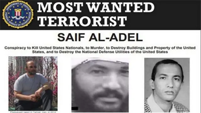 எஃப்.பி.ஐ இணையதளம், சைஃப் அல்-அடெலை 'தீவிரமாகத் தேடப்படும் பயங்கரவாதி' என்று பட்டியலிட்டுள்ளது