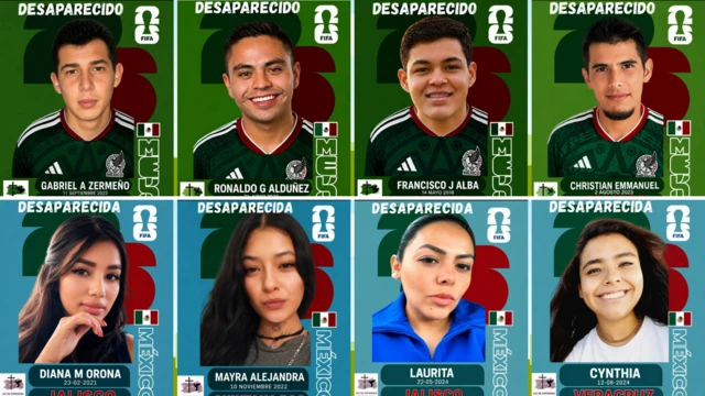 Varios rostros de desaparecidos que aparentan ser cromos mundialistas