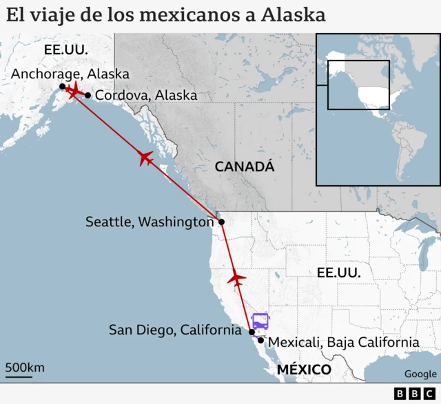 Mapa con la ruta de los mexicanos que viajan a Alaska.