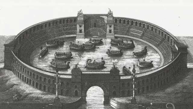 Ilustrasi naumachia, simulasi pertempuran laut di Colosseum