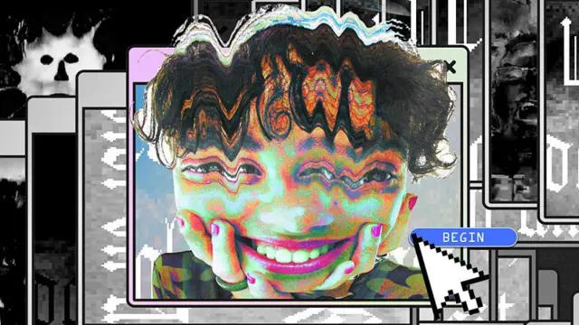 Ilustração com janelas de computador, um cursor e o rosto de uma jovem distorcido
