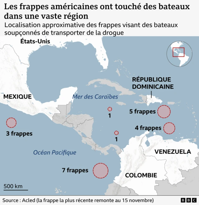 Carte indiquant les emplacements approximatifs des frappes américaines contre des bateaux soupçonnés de transporter de la drogue dans la mer des Caraïbes et l'océan Pacifique. Les cercles rouges en pointillés indiquent les zones où plusieurs frappes ont eu lieu : 3 frappes au large du Mexique dans l'océan Pacifique, 3 frappes près de l'Amérique centrale dans la mer des Caraïbes, 6 frappes à l'ouest de la Colombie, 8 frappes près du Venezuela et 1 frappe près de la République dominicaine. Une note indique que les emplacements de cinq frappes supplémentaires sont inconnus. Source : Armed Conflict Location & Event Data (données au 19 novembre)