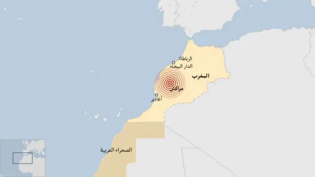 خريطة توضح مركز الزلزال