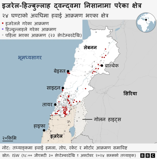 इजरेलले आक्रमण गरेका स्थान देखिने लेबननको नक्सा