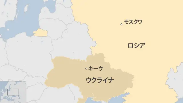 ロシアとウクライナ、モスクワとキーウの位置をそれぞれ示した地図