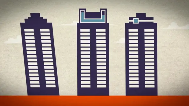 মাঝের ভবনে ওপরে বসানো ড্যাম্পারের তরল পদার্থ দুলছে, আর ডান দিকের ছবিতে সিস্টেমটিই ডানে বামে পিছলে যাচ্ছে।