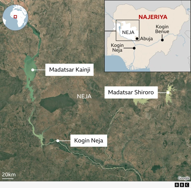 Hoton tauraron ɗan adam da ke nuna manyan tafkunan ruwa a jihar Neja, ciki har da Tafkin Kainji da Tafkin Shiroro, da Kogin Neja da ke ratsa jihar